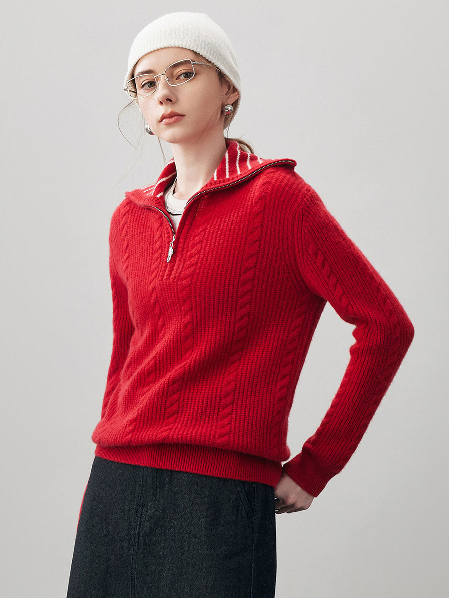 COMOBOCA 100% Cashmere Women's Cable Half Zip Striped Collar Sweater