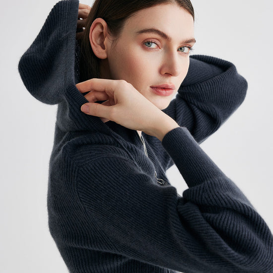 COMOBOCA 100% Cashmere Women's Ribbed Knit Hoodie