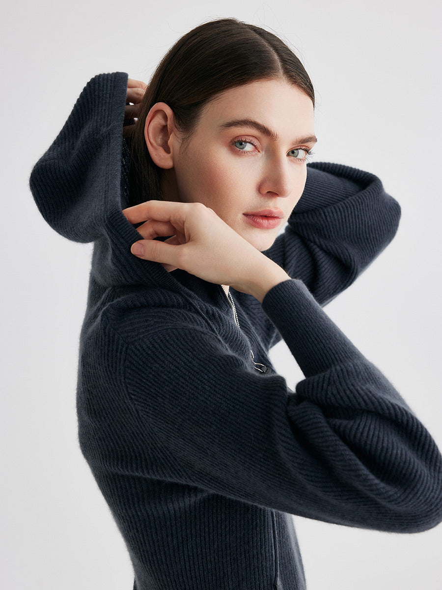 COMOBOCA 100% Cashmere Women's Ribbed Knit Hoodie