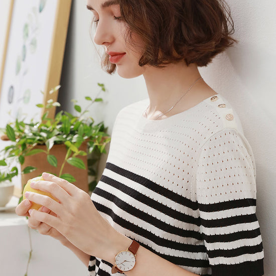 COMOBOCA Women's Striped Knit T-Shirt