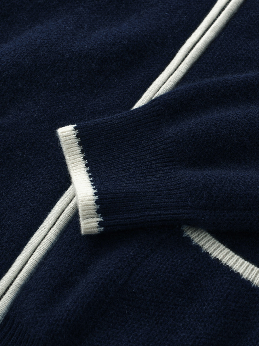 COMOBOCA 100% Cashmere Women's Contrast Collar Double Zip Cardigan