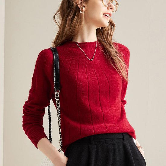 COMOBOCA Red 100% Cashmere Women's Ribbed Knit Pullover Sweater