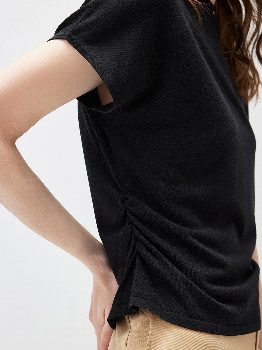 COMOBOCA Women's Side Ruched Mock Neck Knit T-Shirt