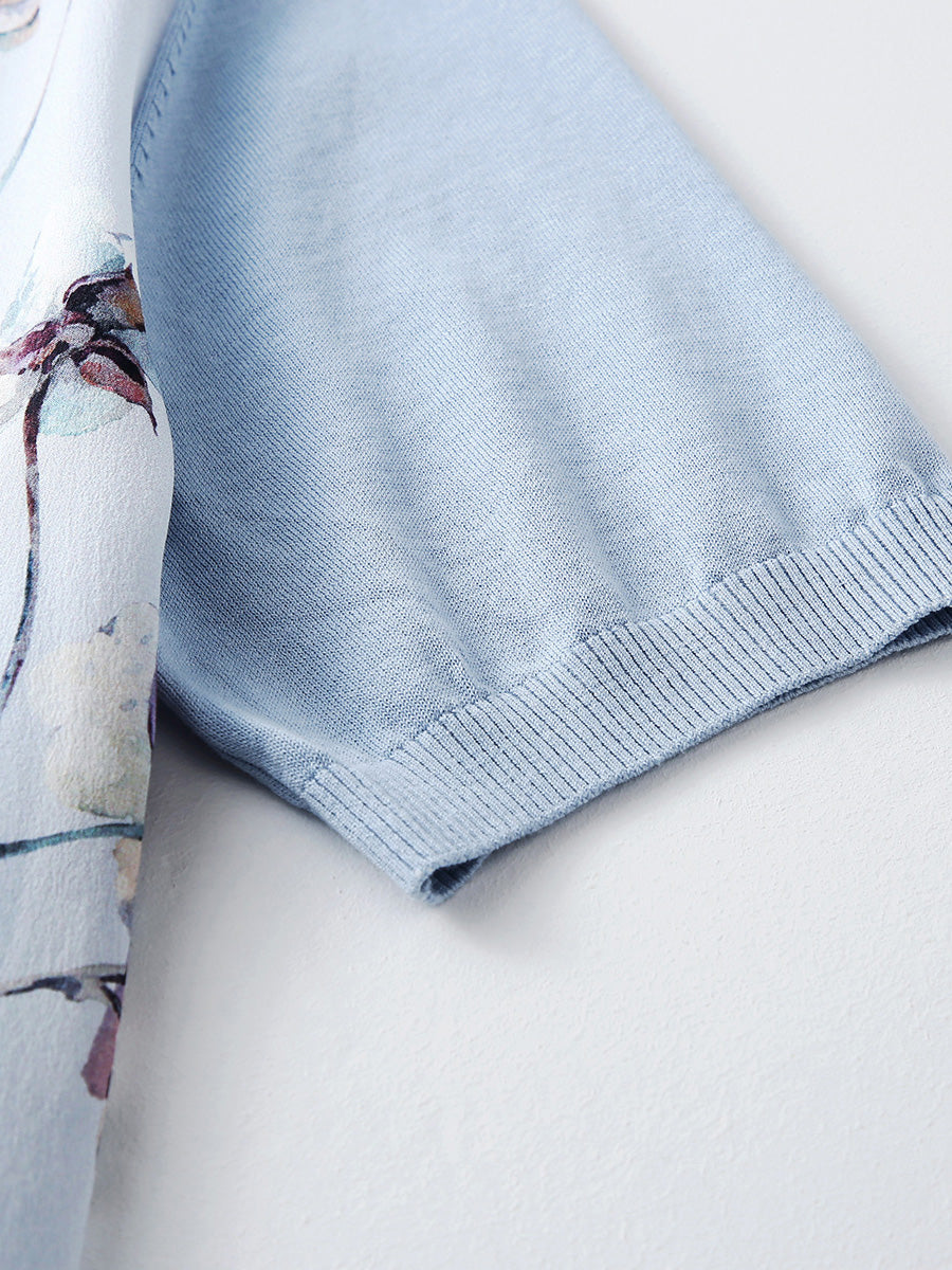 COMOBOCA Women's Cotton Silk Floral Ribbed Print Knit T-Shirt