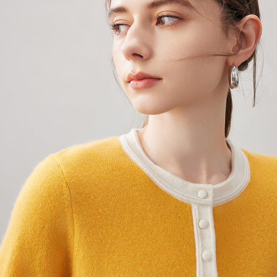 COMOBOCA 100% Cashmere Women's Contrast Trim Button Front Sweater