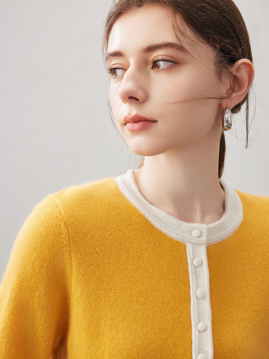 COMOBOCA 100% Cashmere Women's Contrast Trim Button Front Sweater