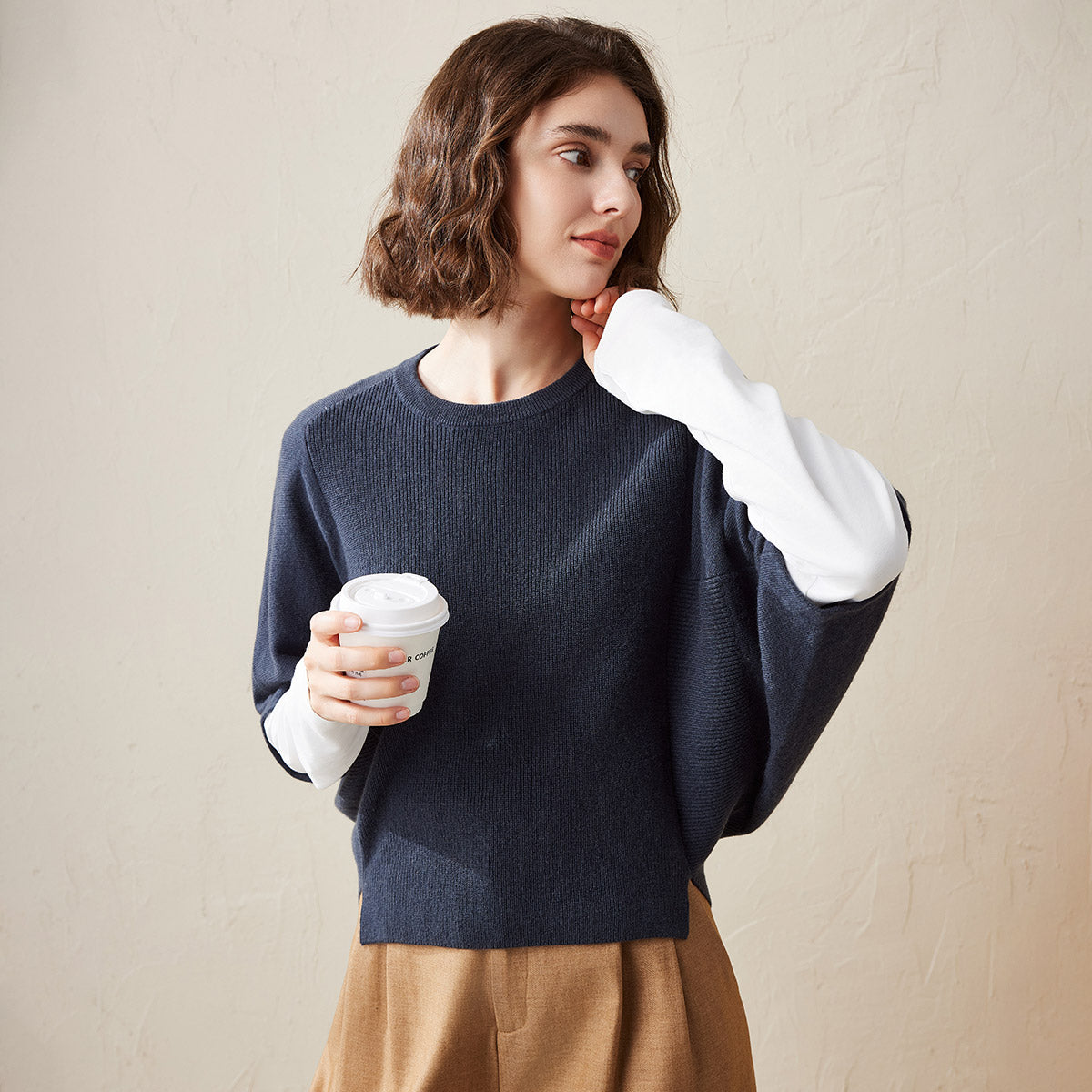 COMOBOCA Navy Blue 100% Cashmere Loose Batwing Sleeve Sweater