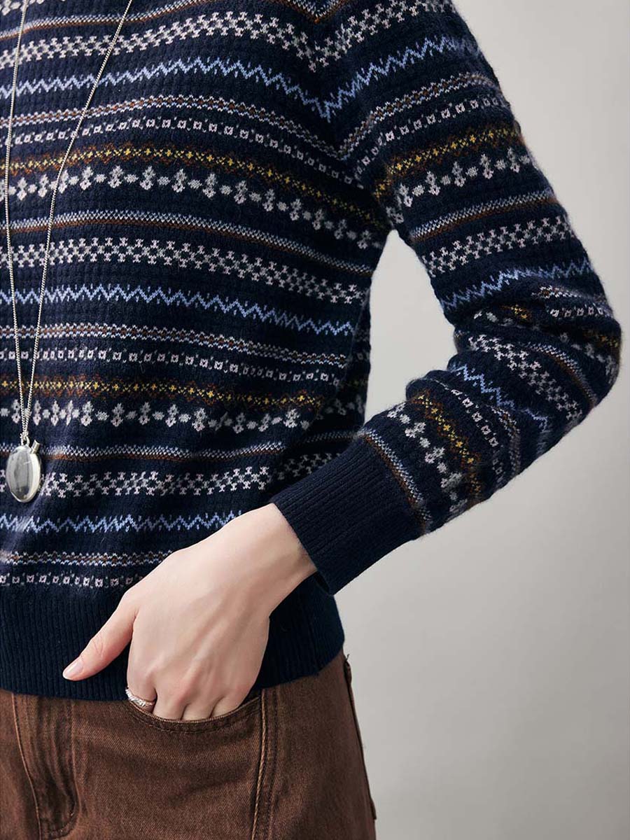 COMOBOCA 100% Cashmere Women's Fair Isle Round Neck Sweater