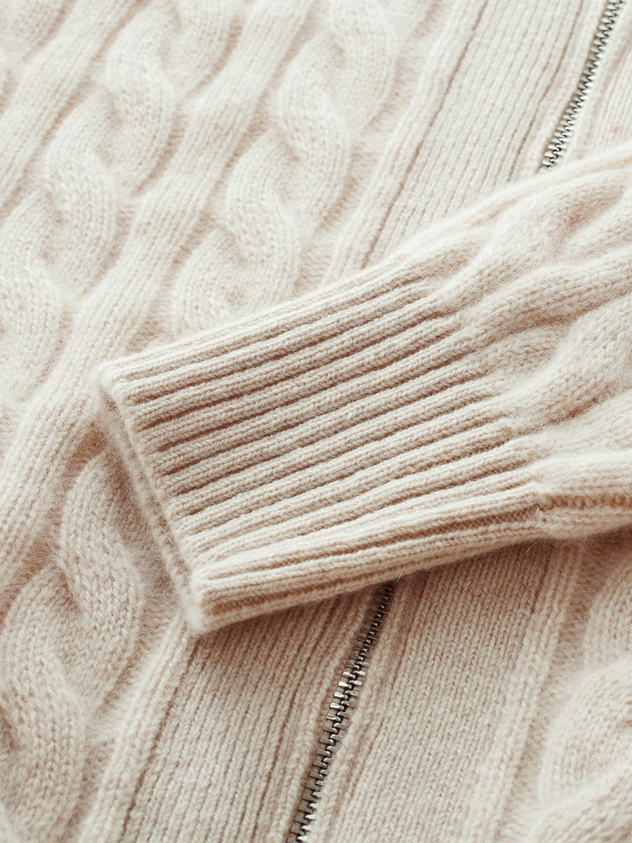 COMOBOCA 100% Cashmere Women's Cable Zip Up Knit Cardigan