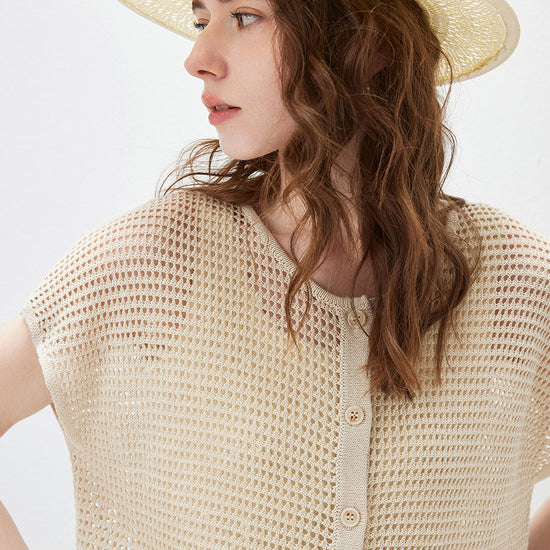 COMOBOCA Women's Openwork Mesh Knit Button Front Top