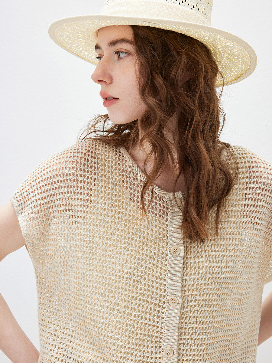 COMOBOCA Women's Openwork Mesh Knit Button Front Top