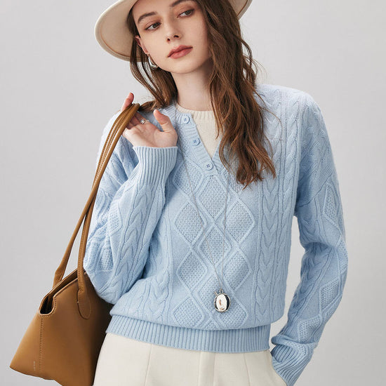 COMOBOCA Light Blue 100% Wool Women's V-Neck Cable Knit Sweater