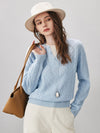 COMOBOCA Light Blue 100% Wool Women's V-Neck Cable Knit Sweater