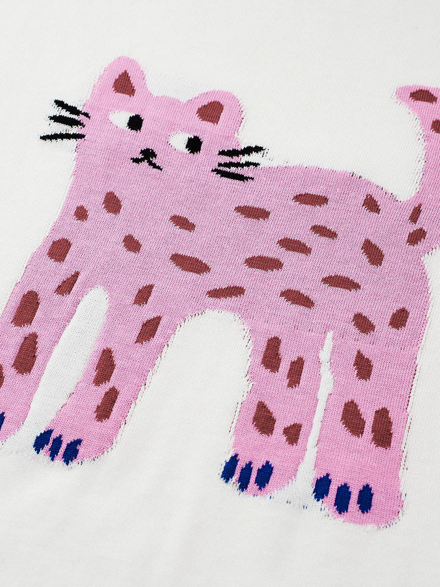 COMOBOCA Women's Leopard Cat Embroidered Knit T-Shirt