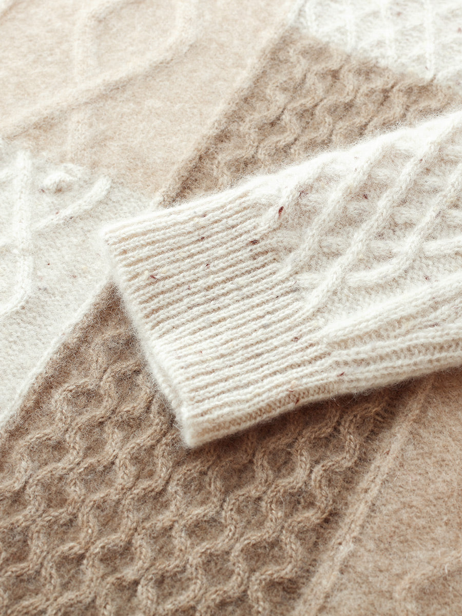 COMOBOCA 100% Cashmere Women's Patchwork Cable Knit Sweater