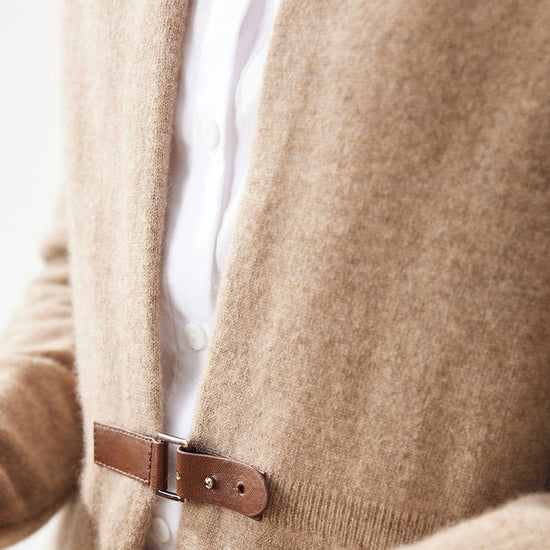 COMOBOCA 100% Cashmere Women's Leather Buckle Knit Coat