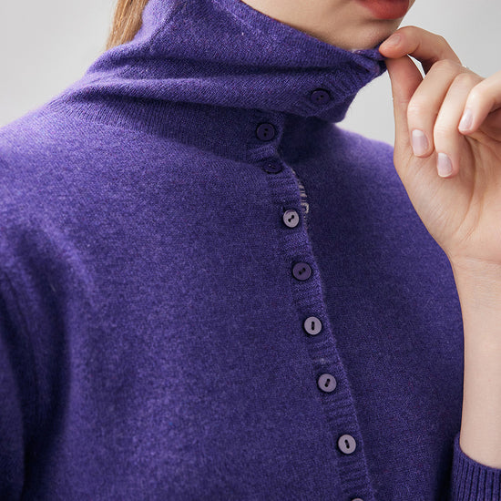 COMOBOCA 100% Cashmere Women's Turtleneck Button-Up Cardigan