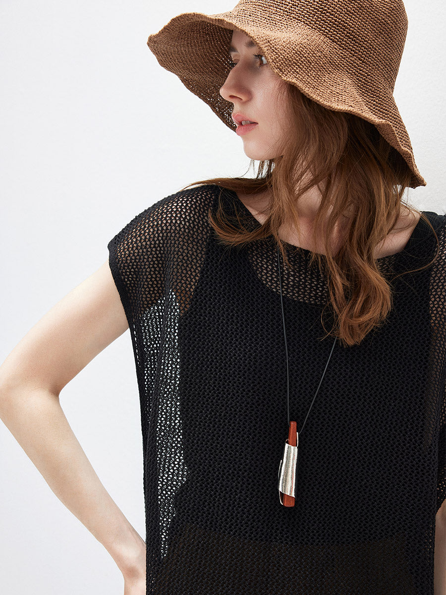 COMOBOCA Women's Sheer Mesh Knit Cap Sleeve Top with Side Slit