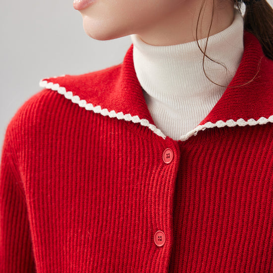 COMOBOCA 100% Cashmere Women's Contrast Trimmed Collared Knit Cardigan