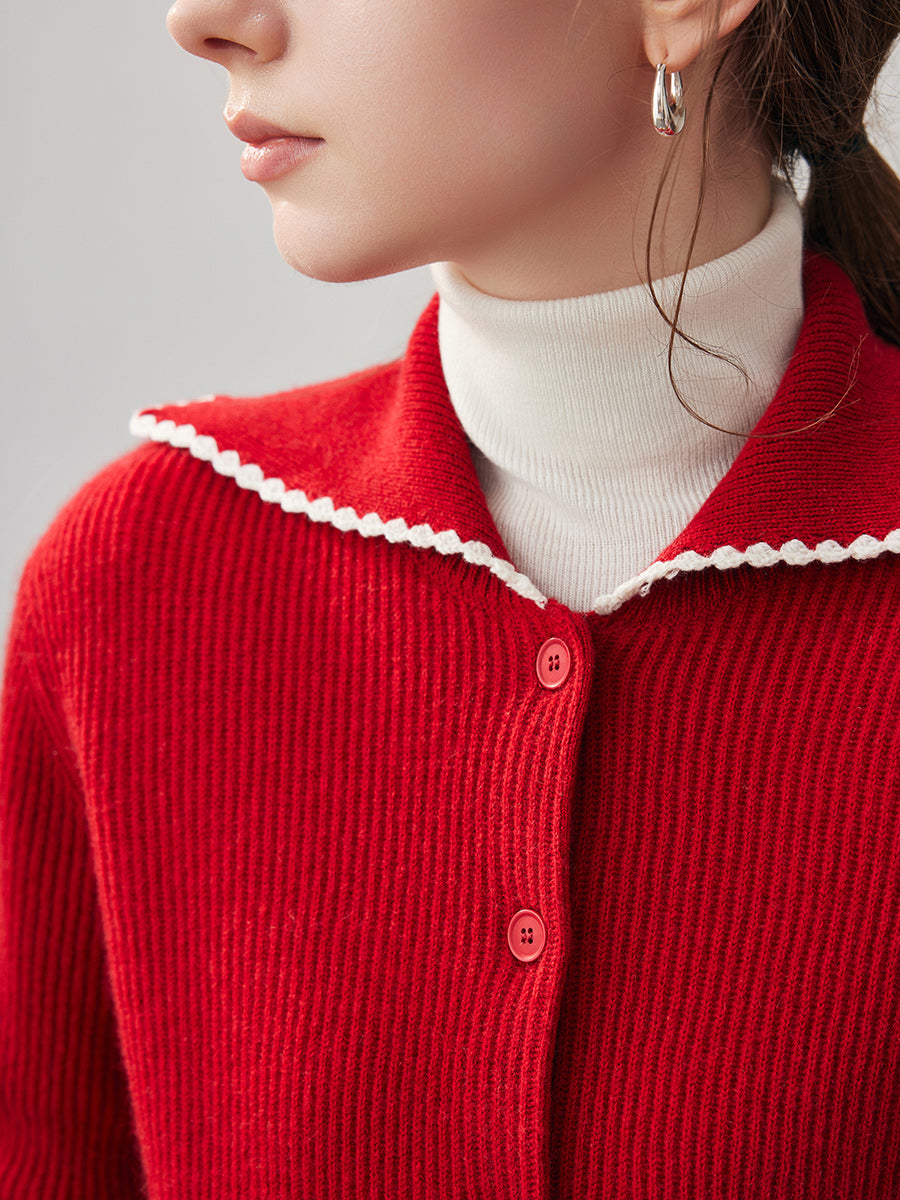 COMOBOCA 100% Cashmere Women's Contrast Trimmed Collared Knit Cardigan