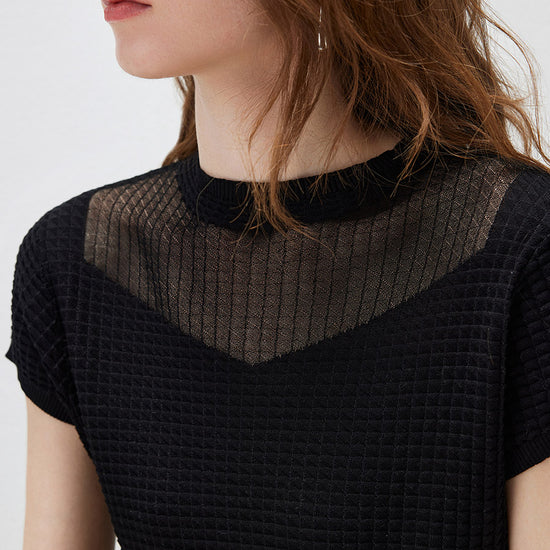 COMOBOCA Women's Waffle Knit Cap Sleeve T-Shirt with Sheer Yoke