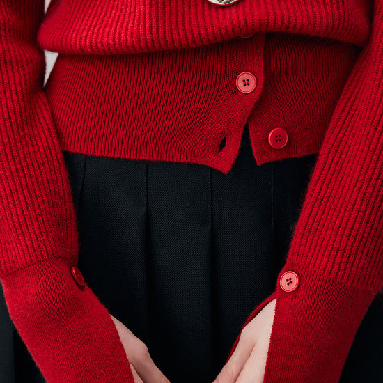 COMOBOCA 100% Cashmere Women's Round Neck Button Ribbed Knit Sweater