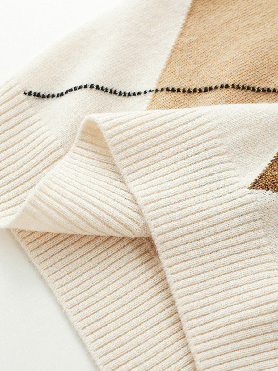 COMOBOCA 100% Wool Kids' Argyle Round Neck Sweater