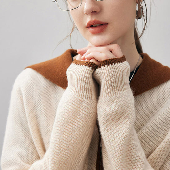 COMOBOCA 100% Cashmere Women's Contrast Collar Double Zip Cardigan