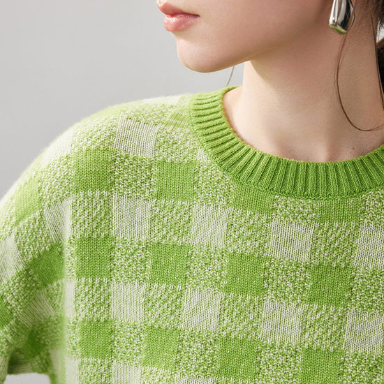 COMOBOCA 100% Cashmere Women's Checkered Round Neck Sweater