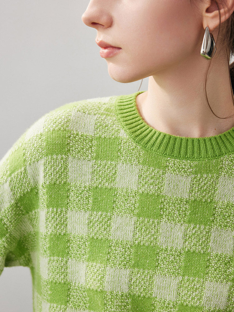 COMOBOCA 100% Cashmere Women's Checkered Round Neck Sweater