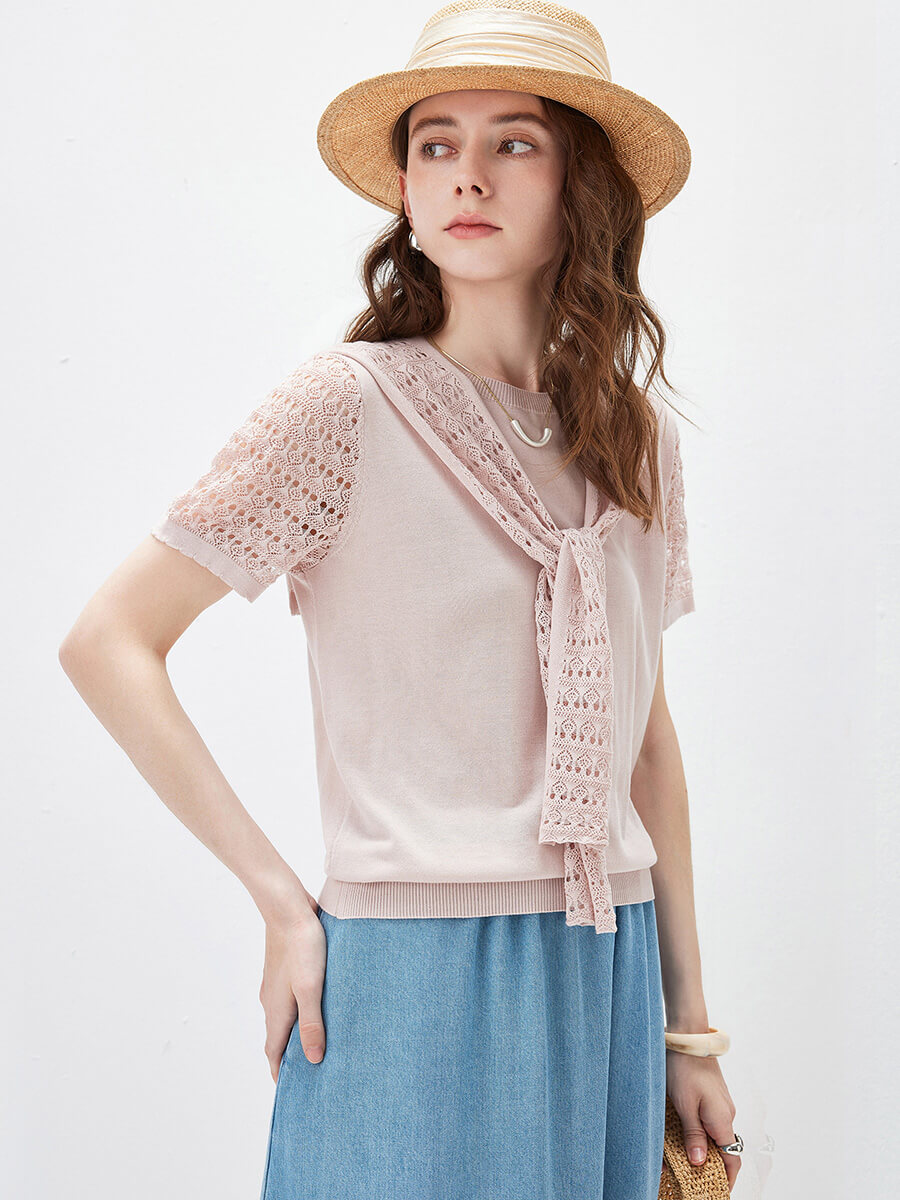 COMOBOCA Women's Lace Round Neck Knit T-Shirt