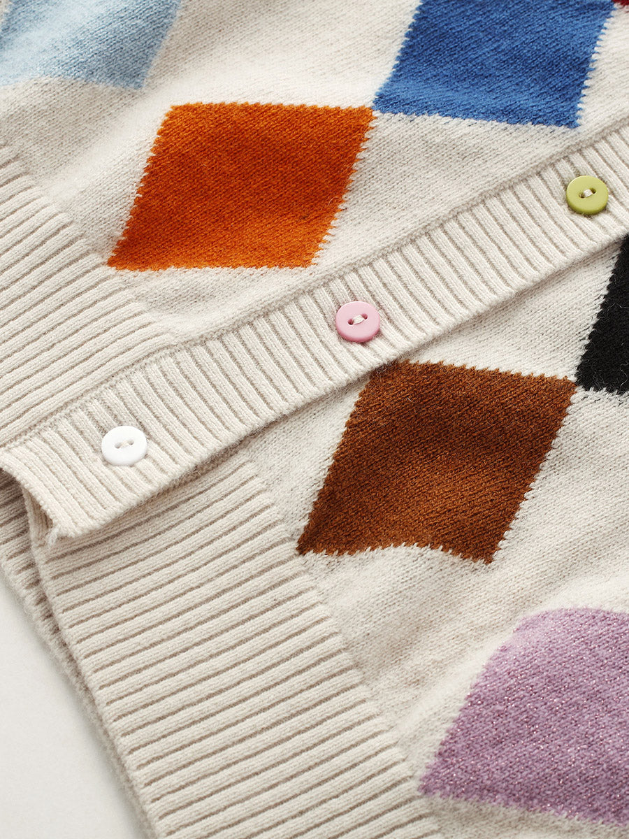 COMOBOCA 100% Wool Kids' Colorful Buttons Argyle Cardigan