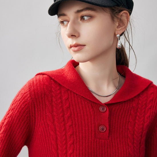 COMOBOCA 100% Cashmere Women's Cable Sailor Collar Sweater