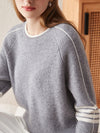 COMOBOCA 100% Cashmere Women's Striped Sleeve Round Neck Sweater