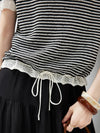 COMOBOCA Women's Drawstring Striped Lace Trim Knit T-Shirt