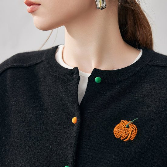 COMOBOCA 100% Cashmere Women's Pumpkin Embroidery Knit Cardigan