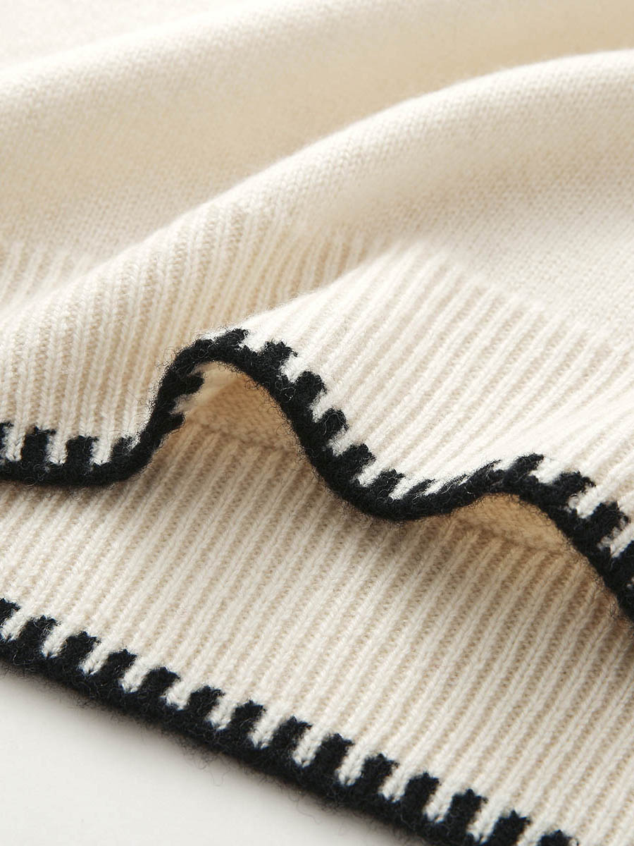 COMOBOCA 100% Wool Women's Contrast Trim Knit Sweater