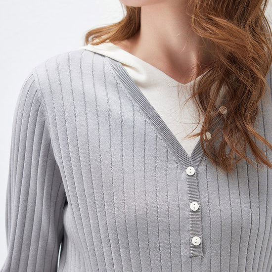 COMOBOCA Women's Layered Ribbed Knit Hooded Henley Top