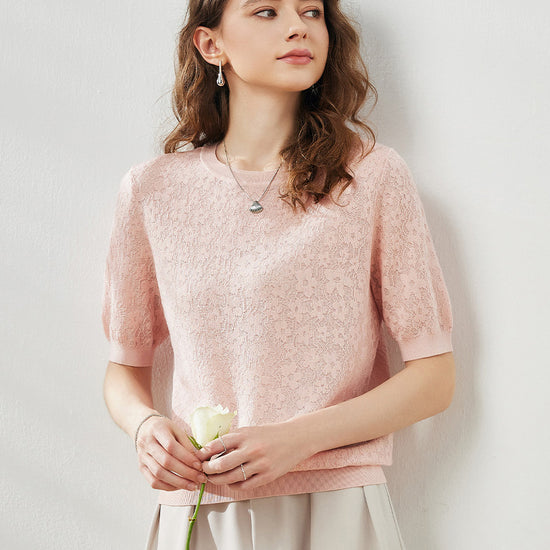 COMOBOCA Pink Women's Cotton Silk Versatile Floral Lace Knit T-Shirt