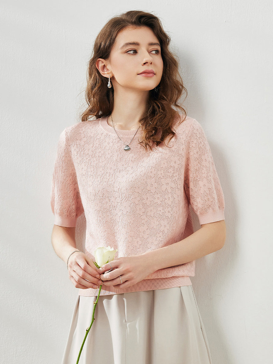 COMOBOCA Pink Women's Cotton Silk Versatile Floral Lace Knit T-Shirt