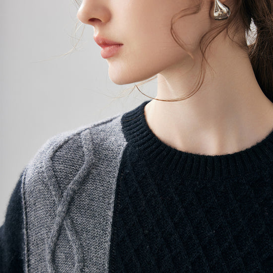 COMOBOCA 100% Cashmere Women's Patchwork Cable Knit Sweater