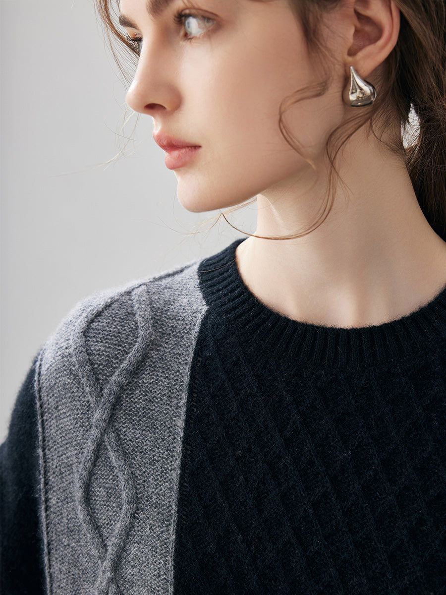 COMOBOCA 100% Cashmere Women's Patchwork Cable Knit Sweater