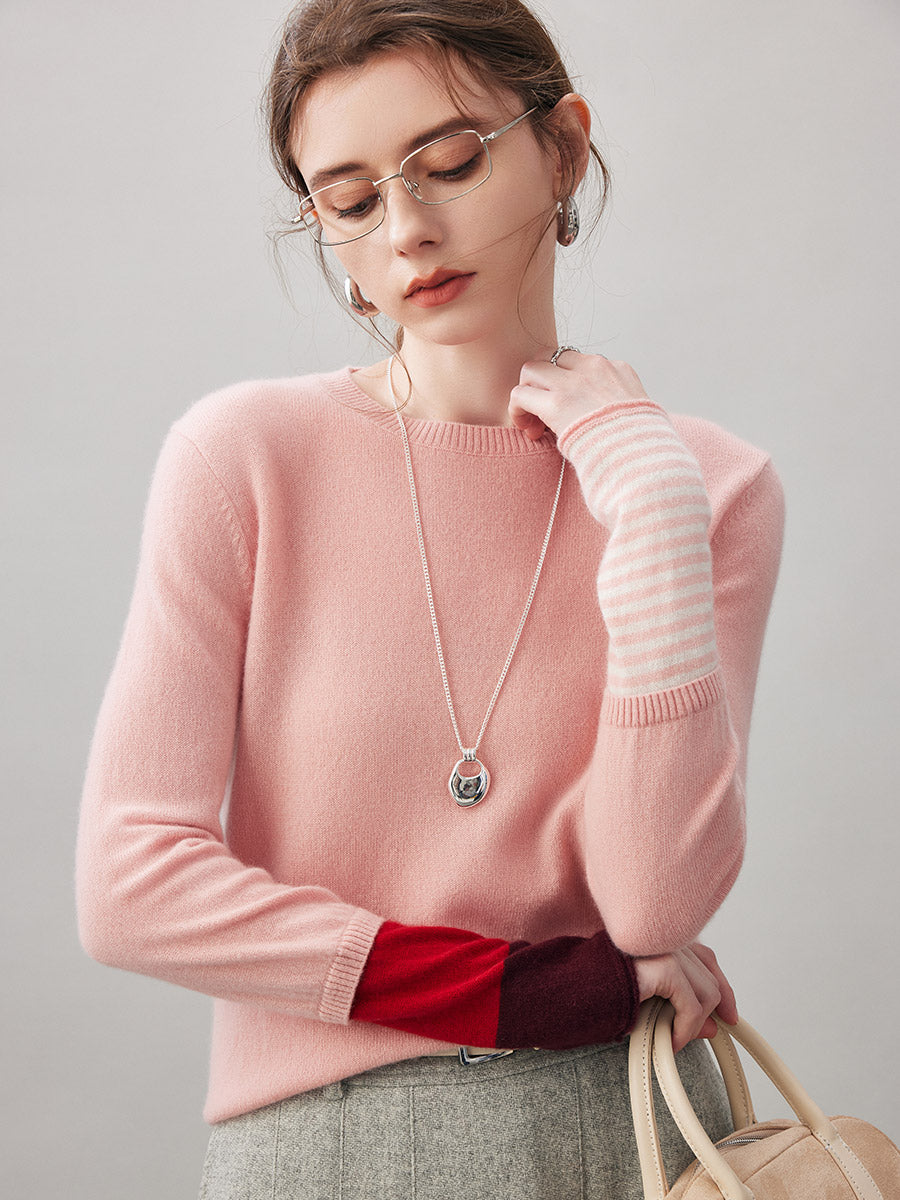 COMOBOCA 100% Cashmere Women's Color-Blocked Sleeve Knit Sweater