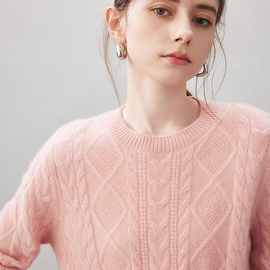 COMOBOCA 100% Cashmere Women's Cable Round Neck Knit Sweater