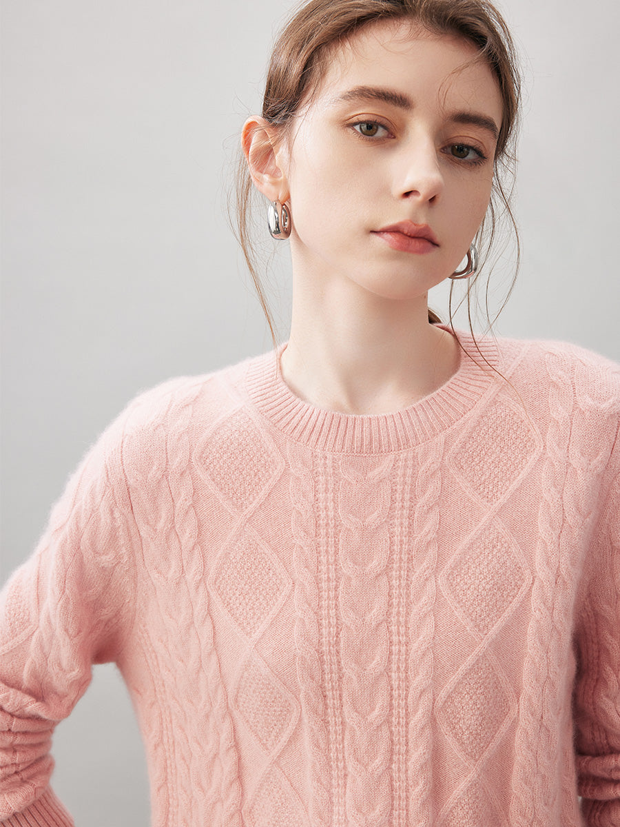 COMOBOCA 100% Cashmere Women's Cable Round Neck Knit Sweater