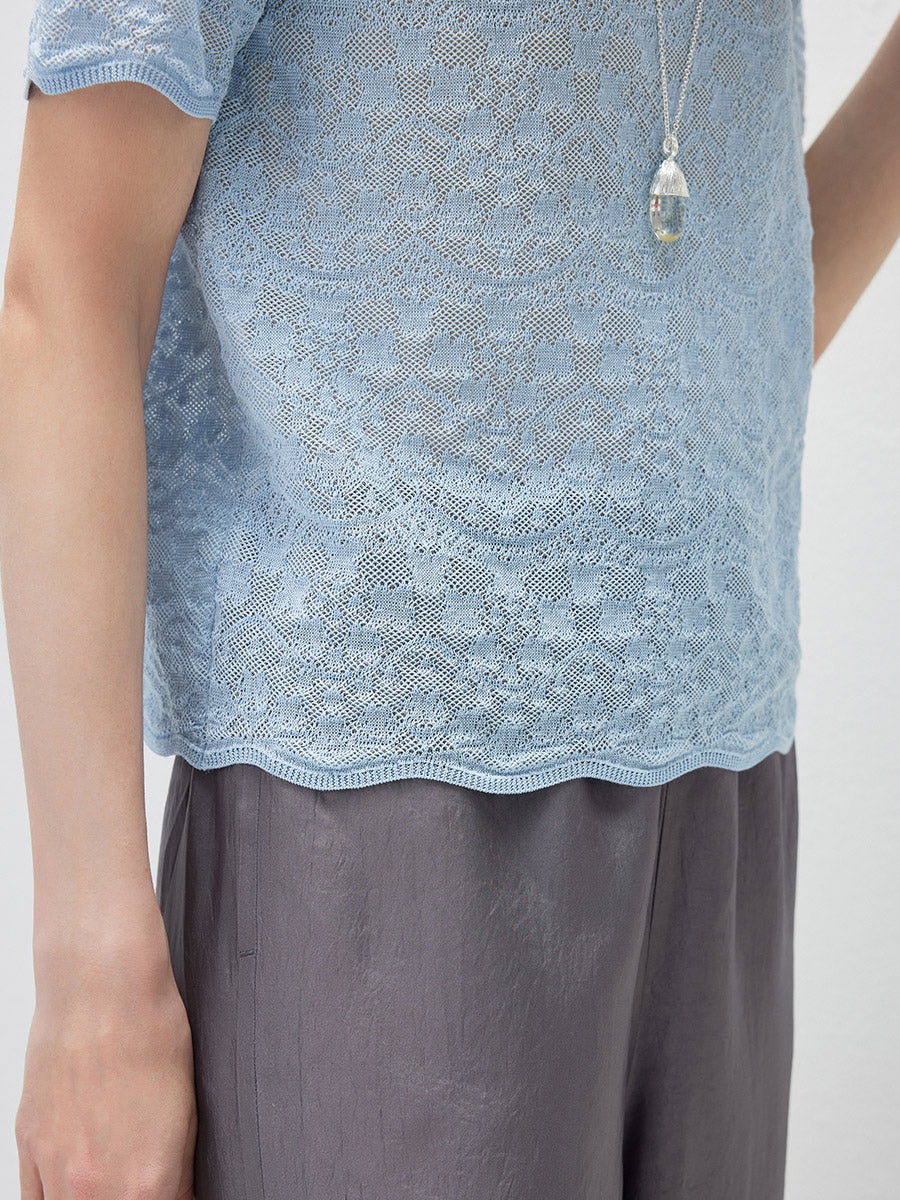COMOBOCA Women's Sheer Floral Lace Knit T-Shirt