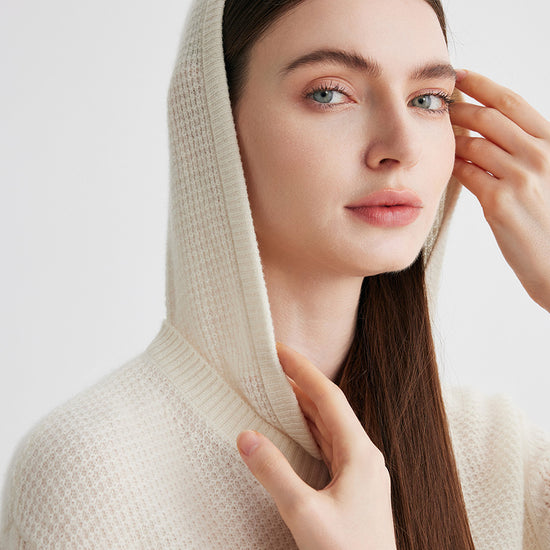 COMOBOCA 100% Cashmere Women's Ribbed Knit Hoodie