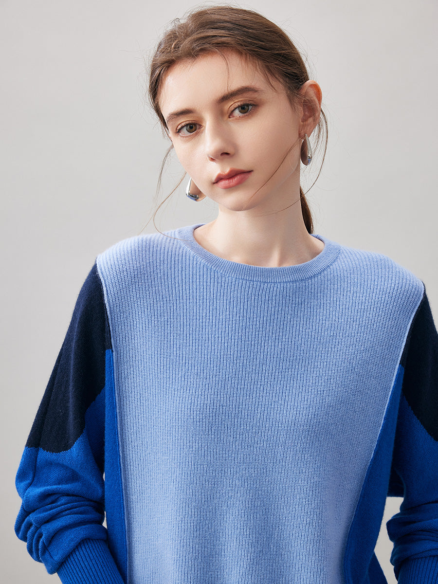 COMOBOCA 100% Cashmere Women's Color Block Round Neck Knit Sweater