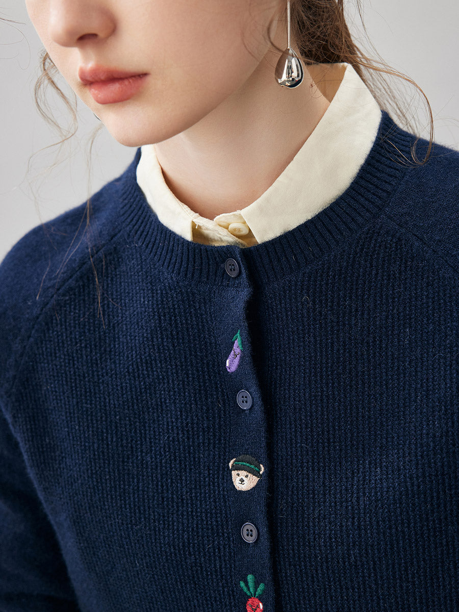 COMOBOCA 100% Cashmere Women's Embroidered Button-Front Cardigan