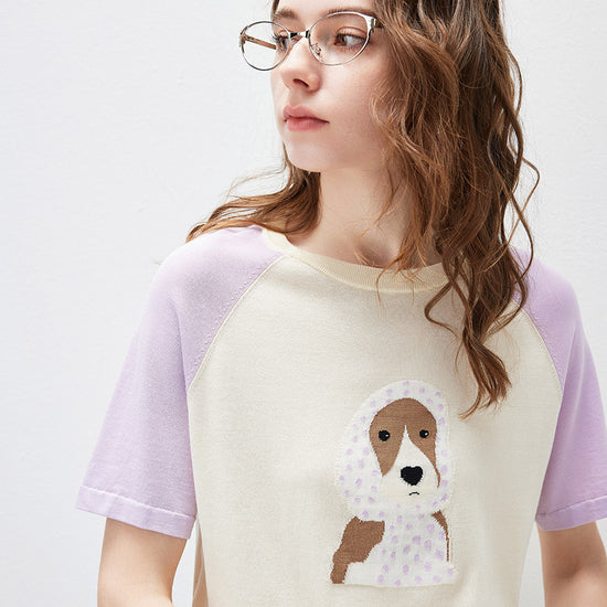 COMOBOCA Women's Puppy Intarsia Raglan Sleeve Knit T-Shirt